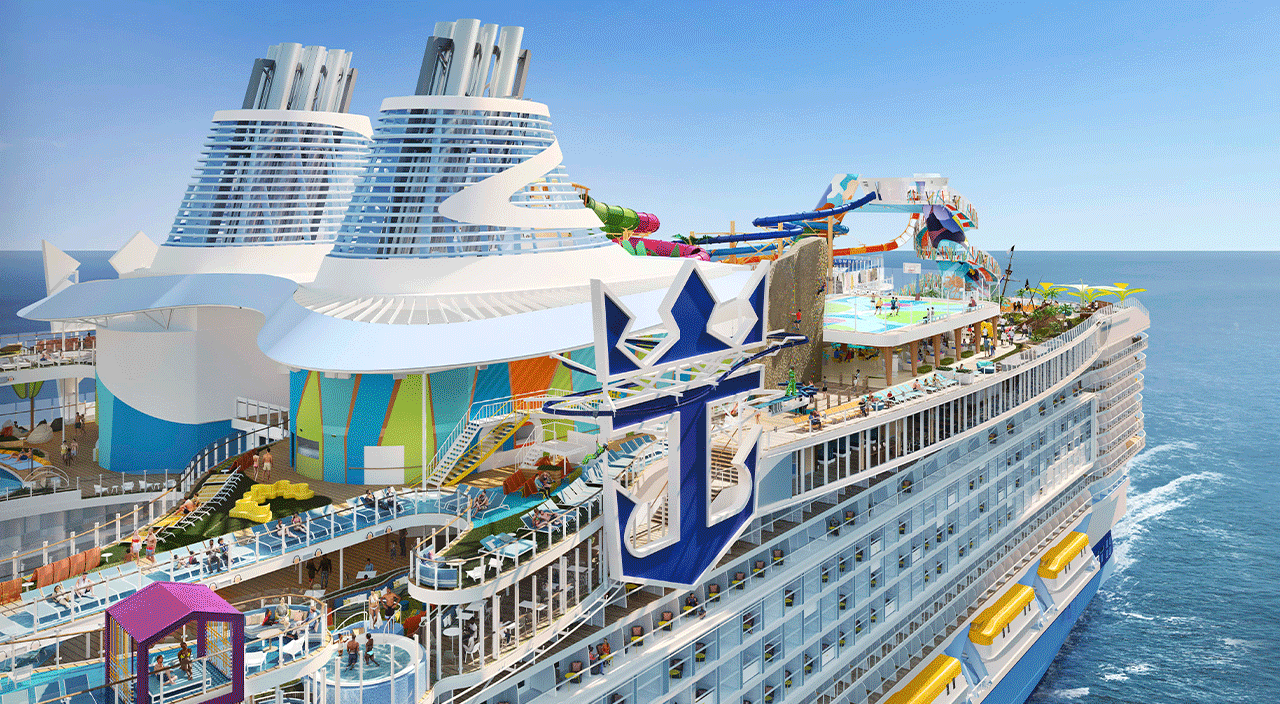 Cruise ship sailing across tropical waters